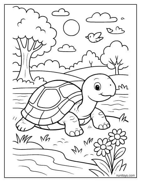 דף צביעה של צב יבשה נח ליד נהר בטבע