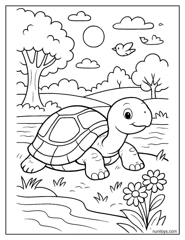 Coloriage d’une tortue au bord de l’eau avec des oiseaux