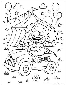 Happy clown driving a circus car in front of a big top tent coloring page