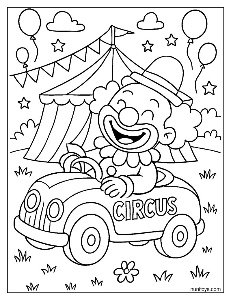Happy clown driving a circus car in front of a big top tent coloring page