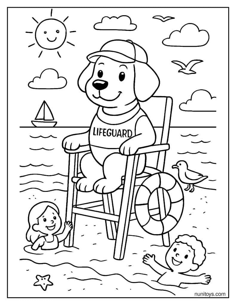 דף צביעה של כלב מציל יושב על מגדל הצלה בחוף