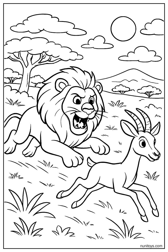 Lion Chasing Prey Across the Savanna Coloring Page