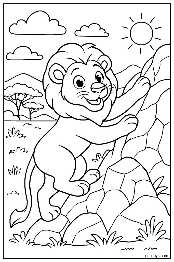 Lion Climbing a Rocky Hill in the Savanna Adventure Coloring Page
