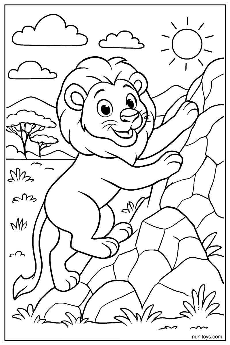 Lion Climbing a Rocky Hill in the Savanna Adventure Coloring Page