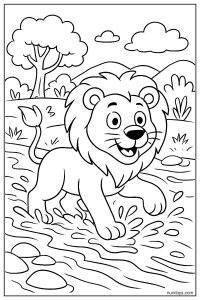 Lion Crossing River: Splashing Water Coloring Page