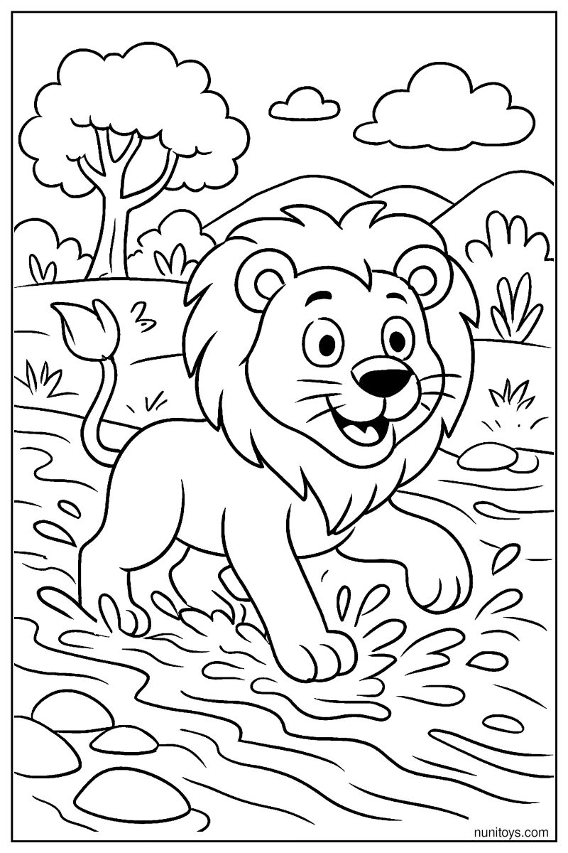 Lion Crossing River: Splashing Water Coloring Page