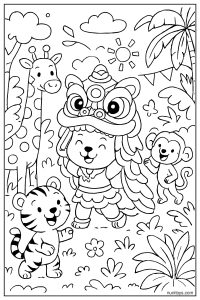 Lion Dancing with Animals in a Fun Jungle Coloring Page