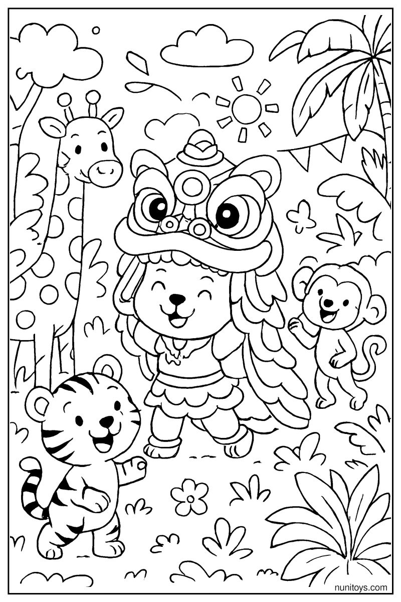 Lion Dancing with Animals in a Fun Jungle Coloring Page
