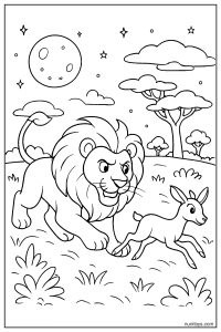 Moonlit Lion Hunting in the Savanna Coloring Page