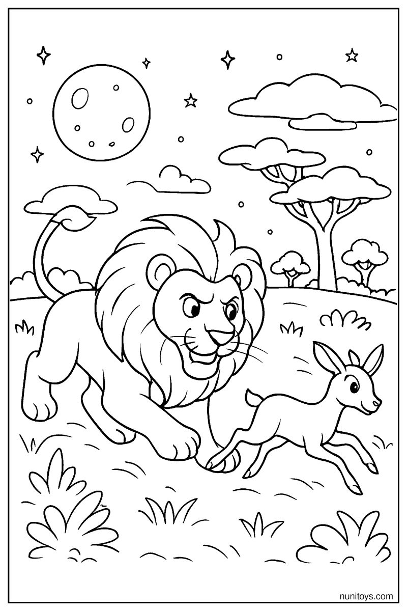 Moonlit Lion Hunting in the Savanna Coloring Page