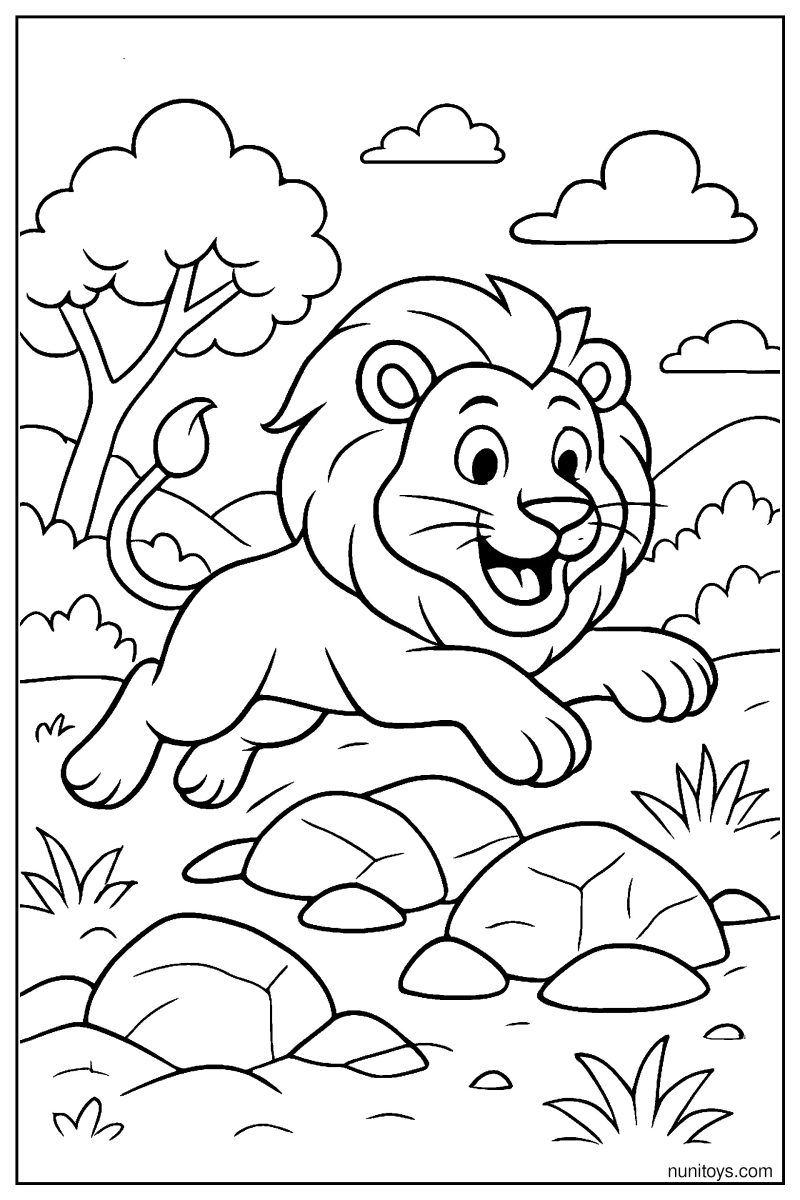 Lion Jumping Over Rocks: Fast Movement Coloring Page
