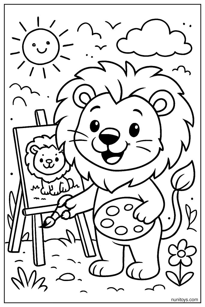 Lion Painting Picture with Brush: Creative Lion Coloring Page