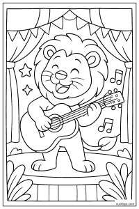 Lion Playing Guitar on Stage Coloring Page