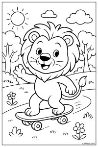 Lion on a Skateboard: Park Adventure Coloring Page