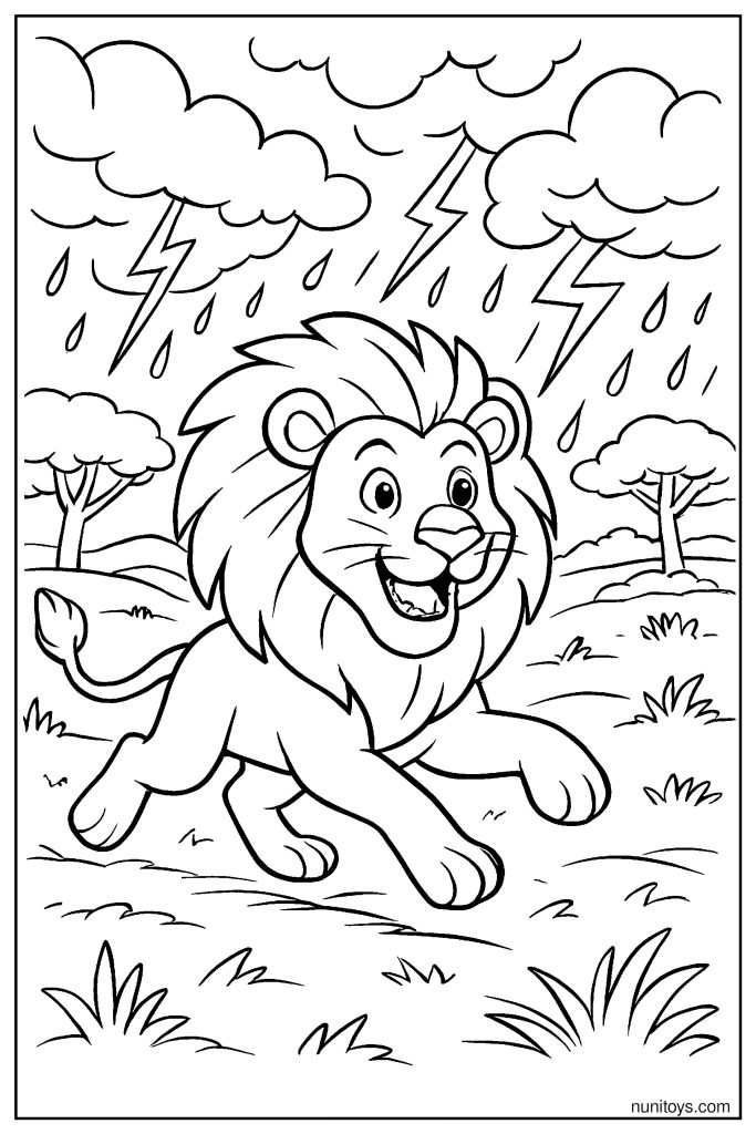 Lion Running Under a Stormy Sky Coloring Page
