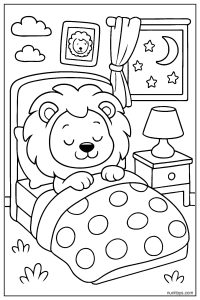 Lion Sleeping in Bed with Blanket Coloring Page