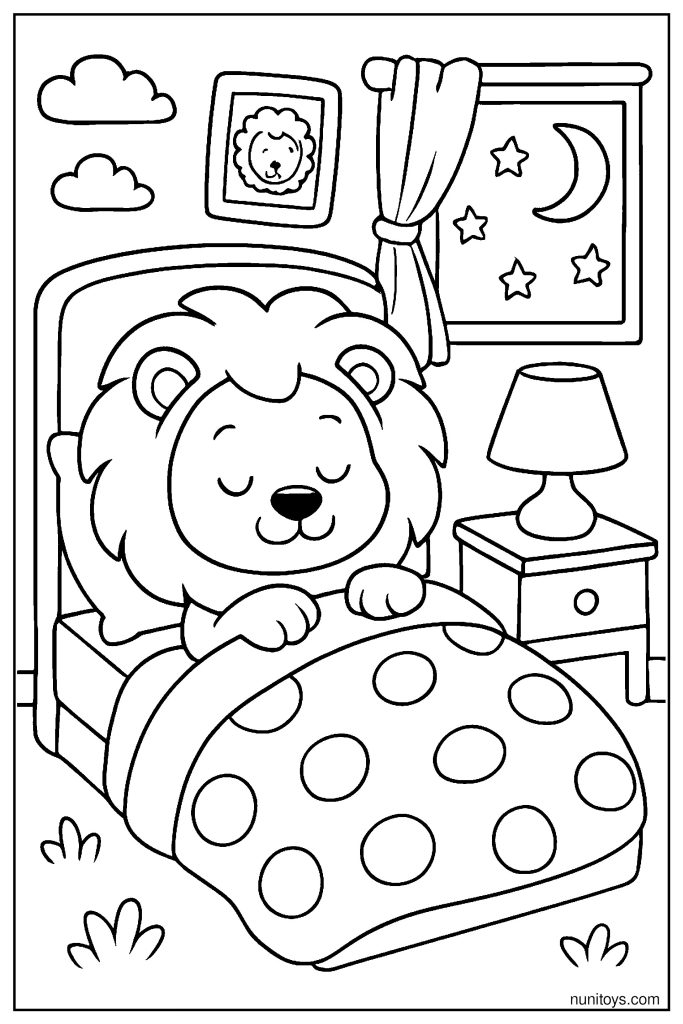 Lion Sleeping in Bed with Blanket Coloring Page