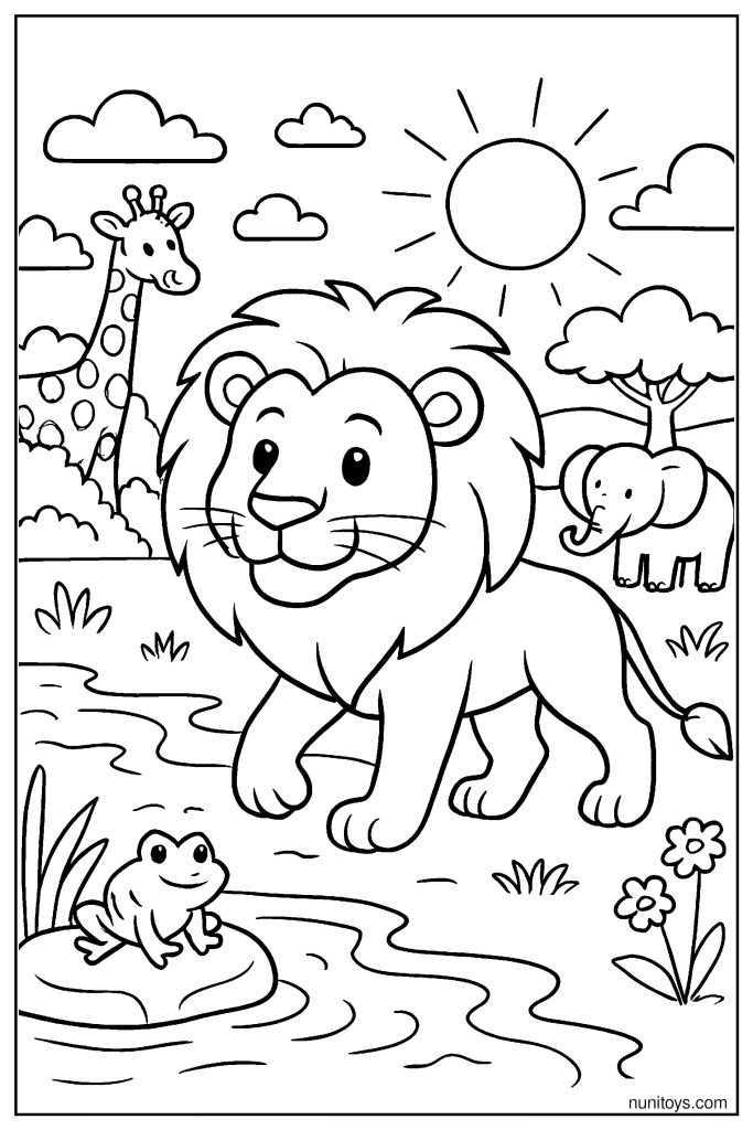 Lion Walking Near Watering Hole Coloring Page