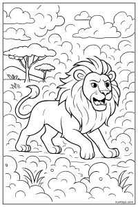 Lion Walking Through a Dust Storm in the Savanna Coloring Page