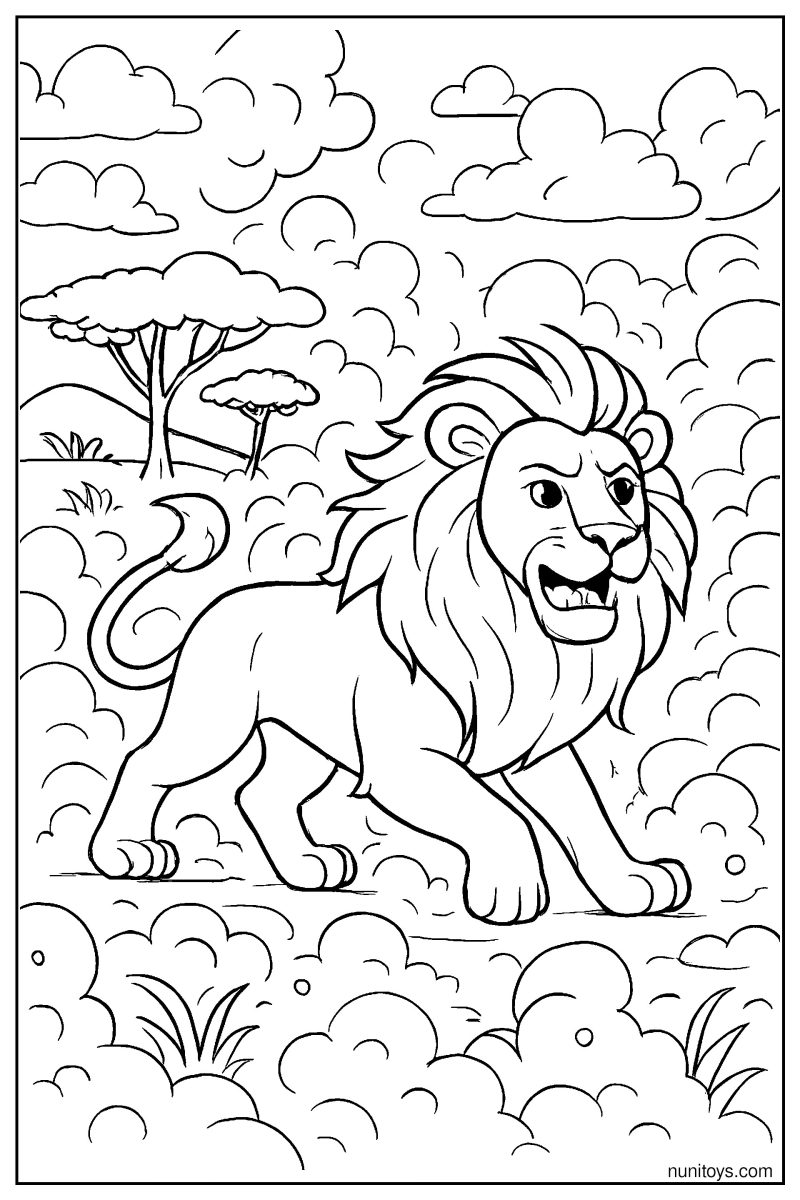 Lion Walking Through a Dust Storm in the Savanna Coloring Page