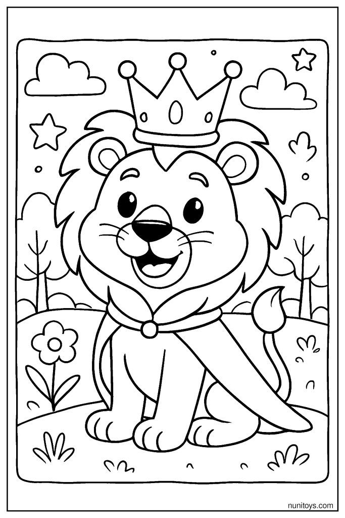 Lion Wearing Crown Kingly Comedy Coloring Page