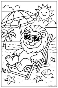 Lion Wearing Sunglasses Relaxing on the Beach Coloring Page
