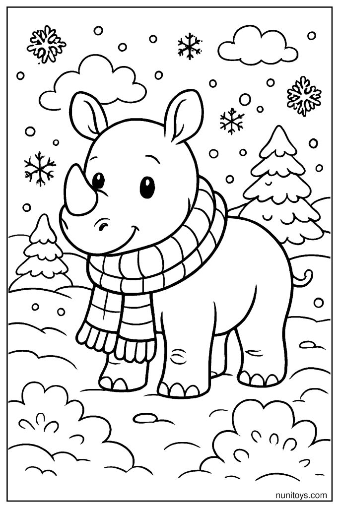 Little Rhino in a Cozy Scarf Coloring Page