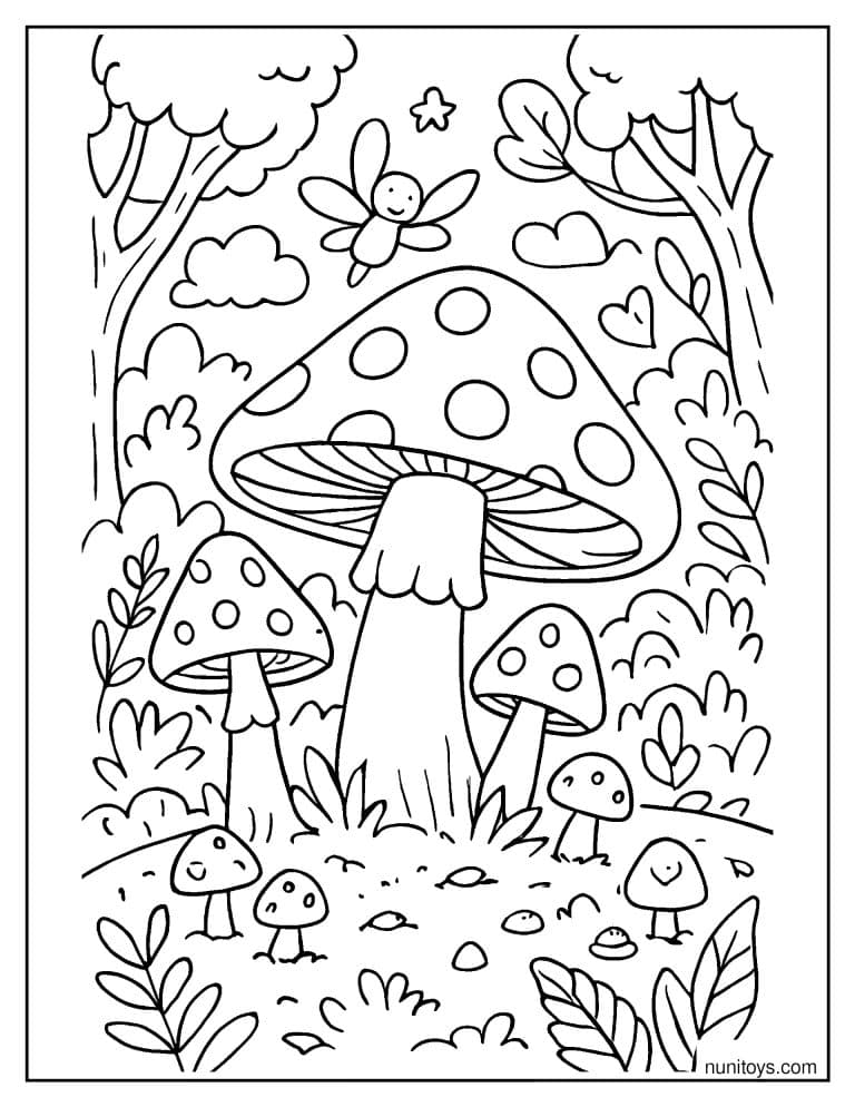Coloriage grand champignon entouré de petits champignons en forêt