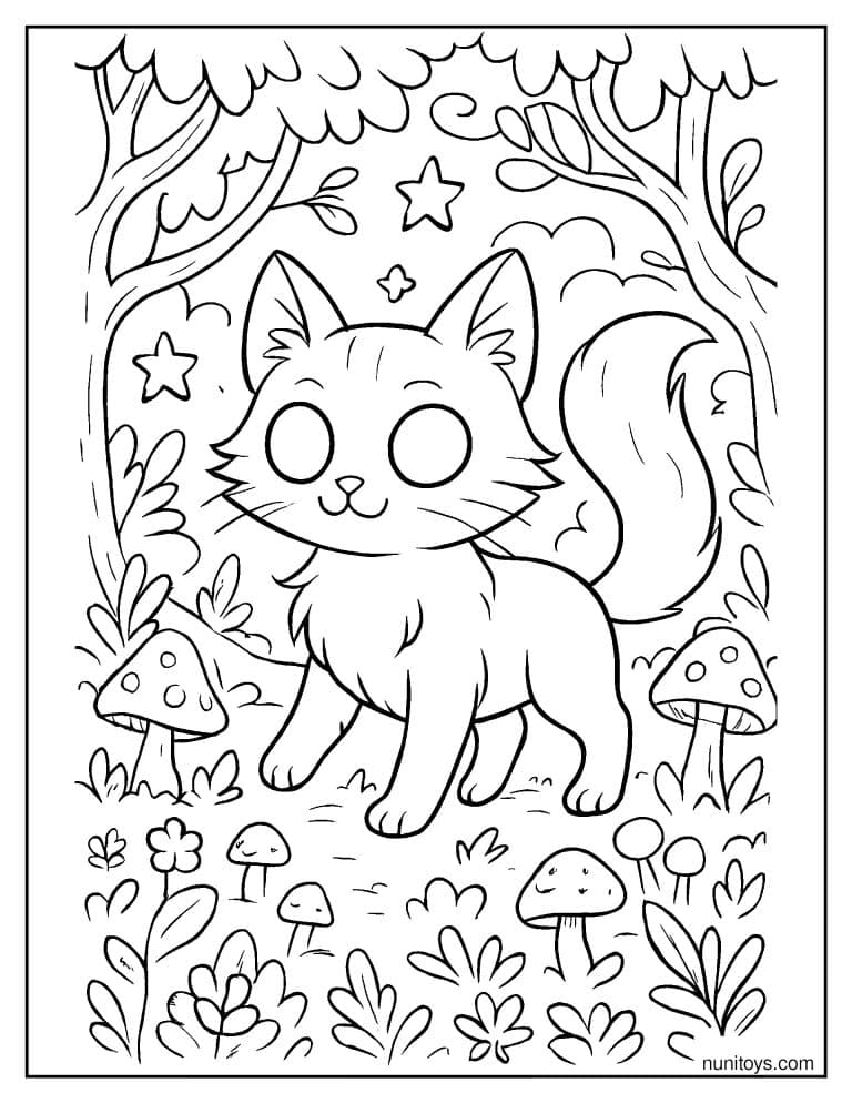 Coloriage chat magique dans une forêt aux champignons