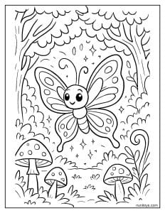 דף צביעה של פרפר קסום זוהר ביער מכושף