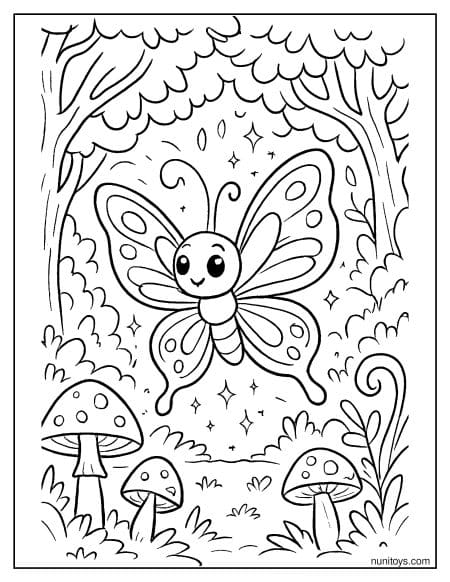 דף צביעה של פרפר קסום זוהר ביער מכושף