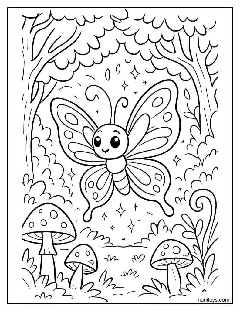 Butterfly Fluttering in a Magical Forest with Mushrooms Coloring Page