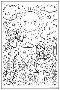 Magical Moon with Glowing Aura Above the Enchanted Forest Coloring Page