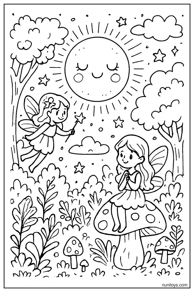 Magical Moon with Glowing Aura Above the Enchanted Forest Coloring Page