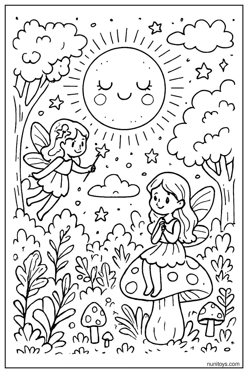 Magical Moon with Glowing Aura Above the Enchanted Forest Coloring Page