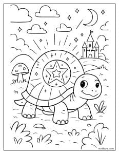 דף צביעה של צב קסום עם שריון זוהר בגן פיות