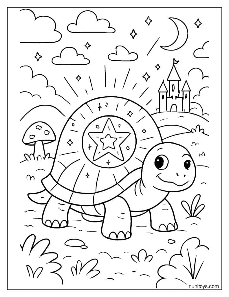 דף צביעה של צב קסום עם שריון זוהר בגן פיות