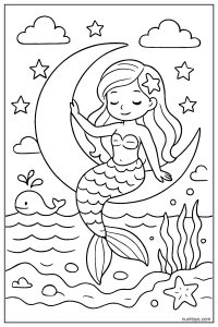 Mermaid on a Crescent Moon Over the Ocean Coloring Page