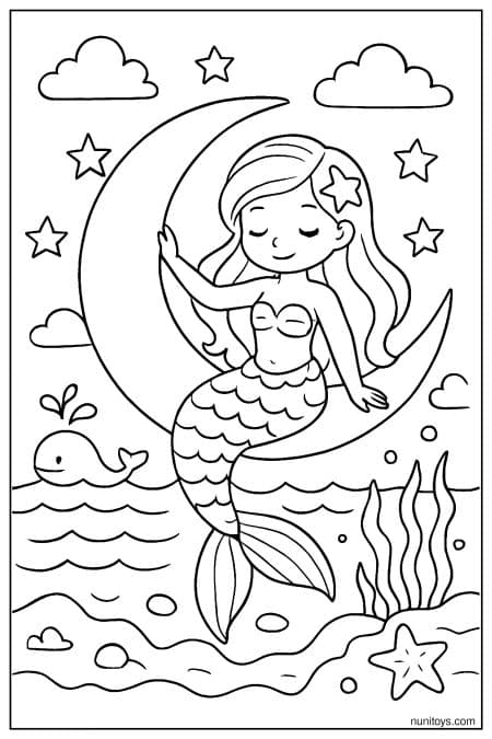 Mermaid Sitting on Crescent Moon Above Water Coloring Page
