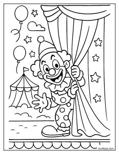 Clown peeking from behind stage curtain in a circus coloring page