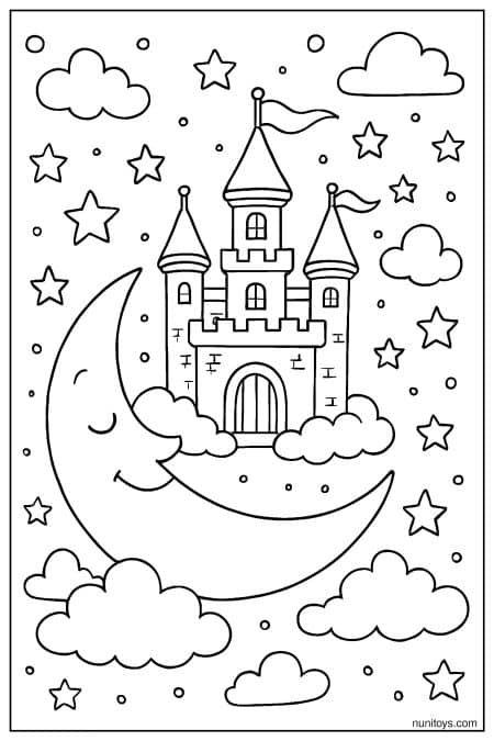 Castle Resting on Crescent Moon in Starry Sky Coloring Page