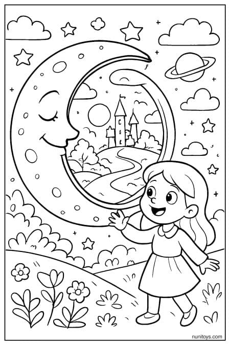 Girl Looking at Moon with Castle Inside Coloring Page