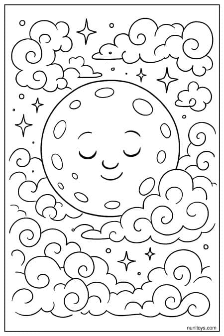 Sleeping Moon Surrounded by Swirling Clouds Coloring Page