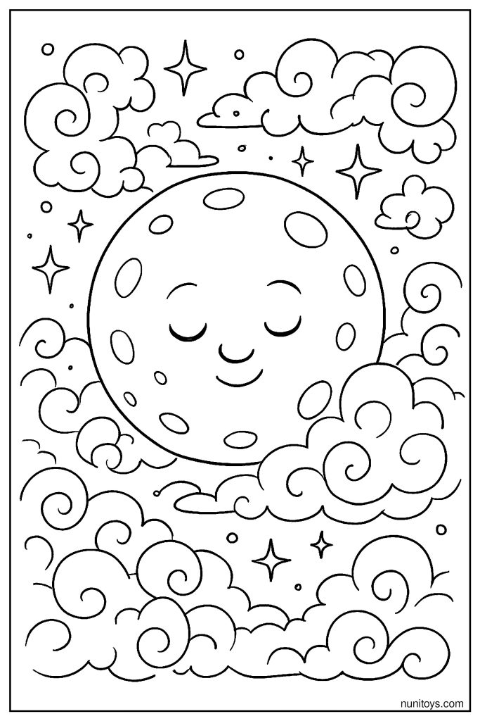 Moon Surrounded by Mystical Clouds and Sparkling Stars Coloring Page