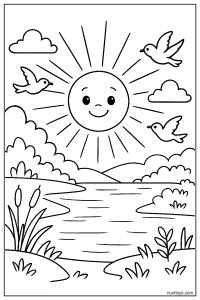 Morning Sun Over a Lake with Birds Flying Coloring Page