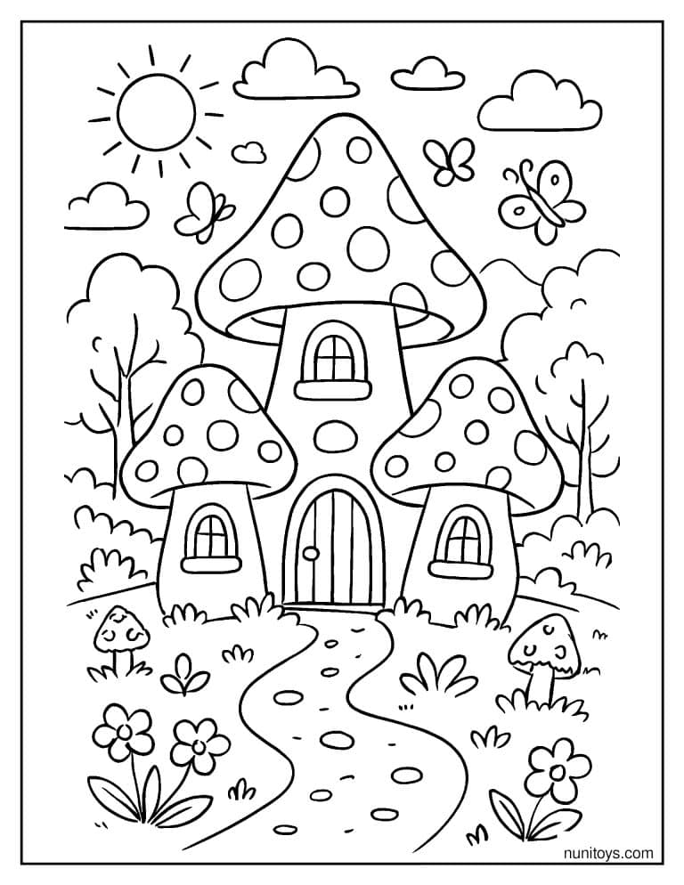 Coloriage village de trois maisons champignons au soleil