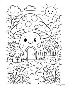 Whimsical Mushroom House Path Coloring Page