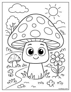 Smiling Mushroom Character in Garden Coloring Page
