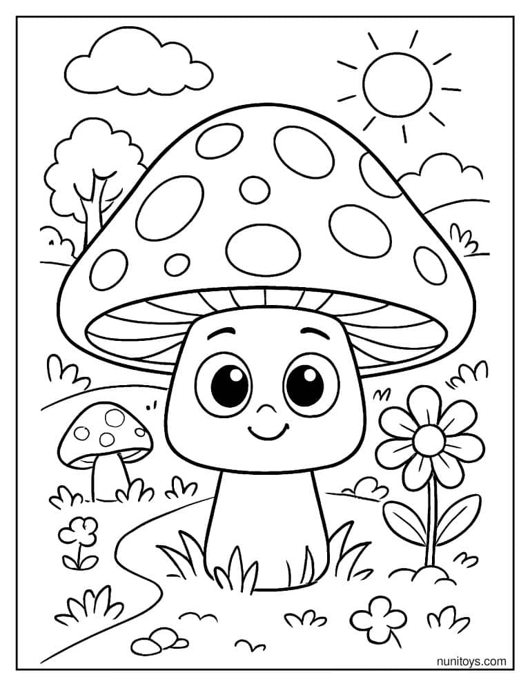 Coloriage champignon mignon au grand chapeau à pois