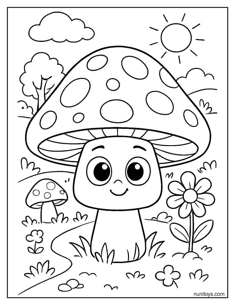 Smiling Mushroom Character in Garden Coloring Page
